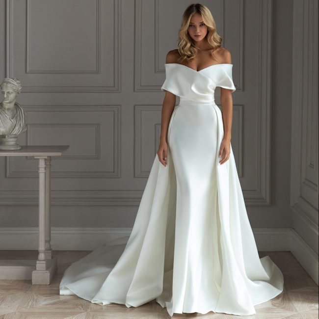 Off the shoulder wedding dress with overskirt